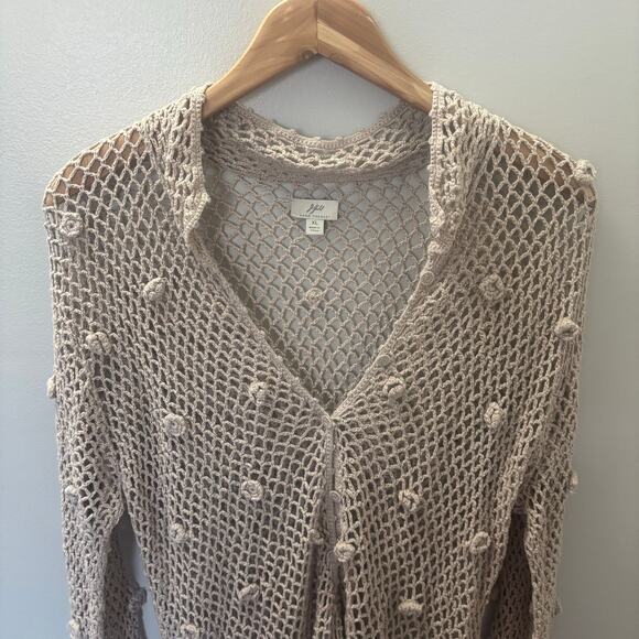 J.Jill Women’s Hand Crochet Sweater Open Cardigan Beige Linen Boho Knit XL - Picture 4 of 12